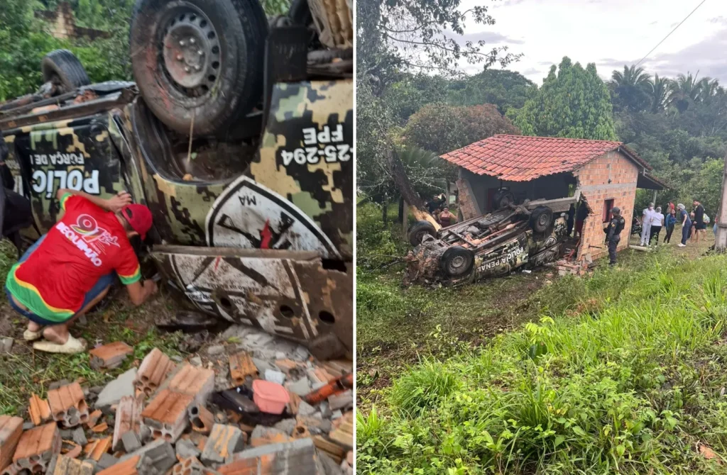 Urgente: viatura da Polícia Penal capota na estrada do Cujupe e destrói casa na Baixada Maranhense
