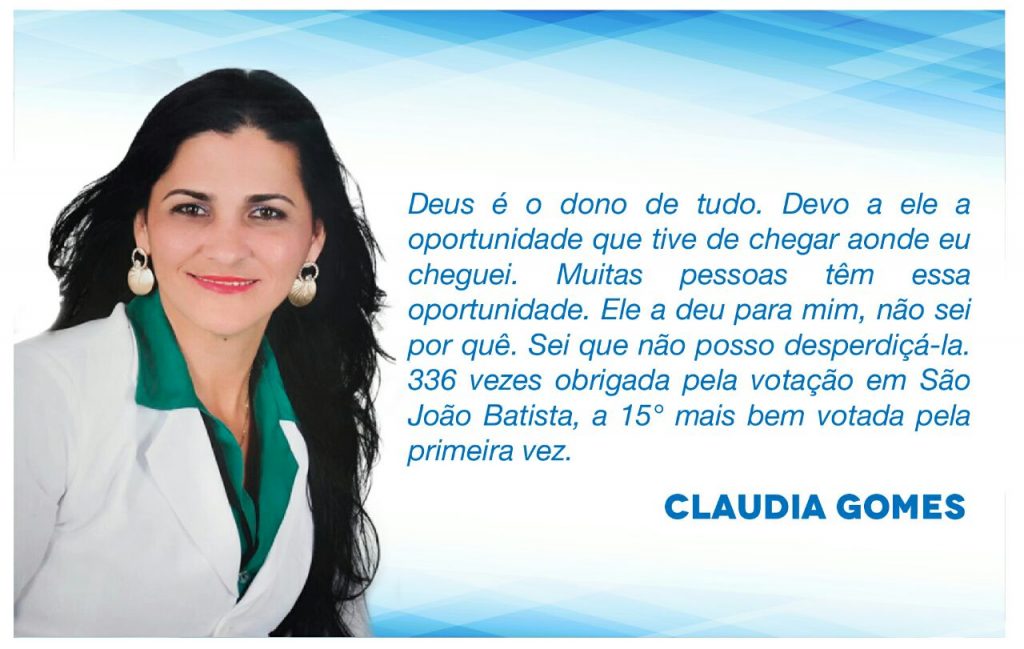Com a 15ª maior votação, Claudia Gomes agradece aos seus eleitores