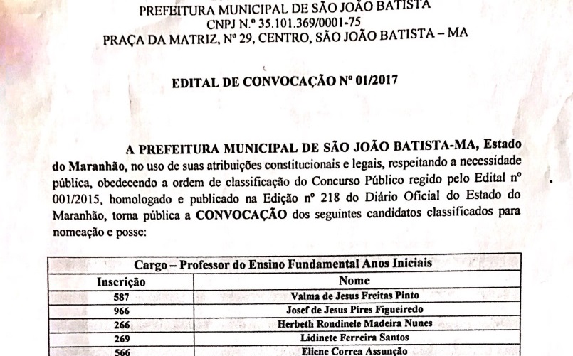Prefeitura convoca 17 excedentes do concurso de 2015 em São João Batista