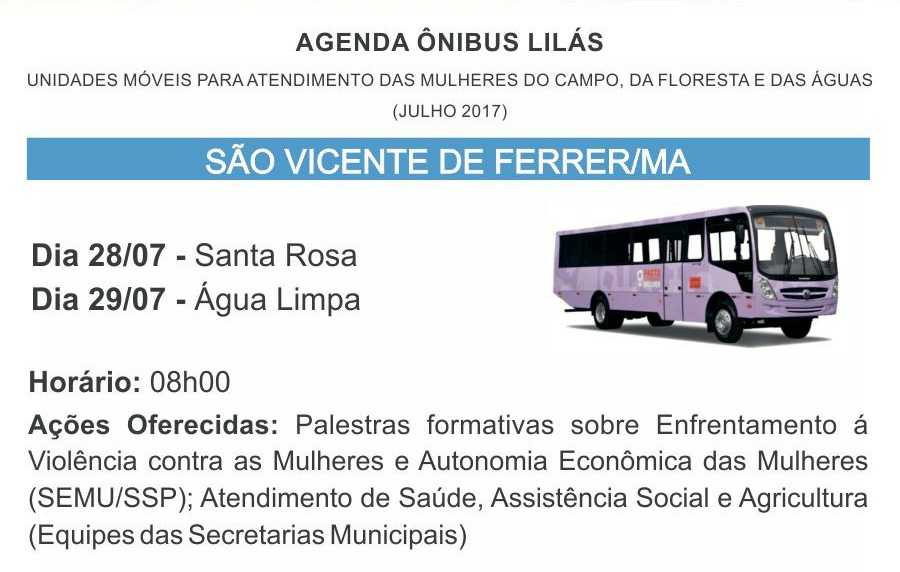 Mulheres do município de São Vicente Ferrer receberão atendimentos do ‘Ônibus Lilás’ no fim do mês